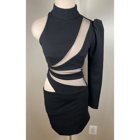 PatBO Spiral One Sleeve Black Illusion High Neck Asymmetric Mesh Mini Dress Sz 0 - Picture 6 of 14